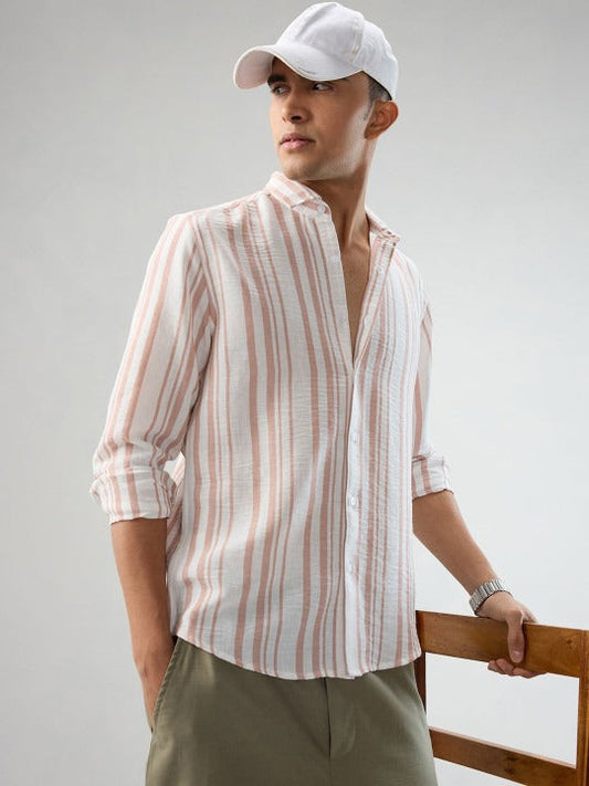 Pink White Striped Linen Casual Shirt for Men | Zibilo