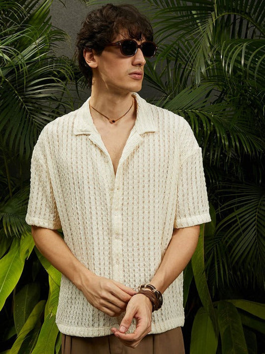 Cream Textured Resort Collar Casual Shirt for Men | Zibilo